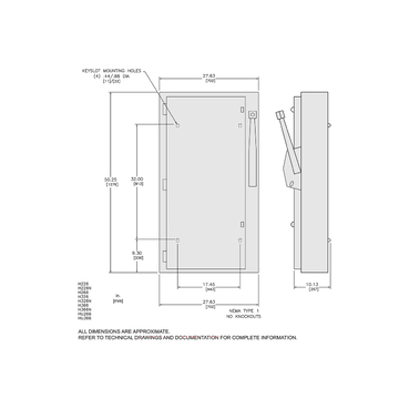 Illustration: Dimensions Drawing for 600A NEMA Type 1 Heavy Duty Safety Switches