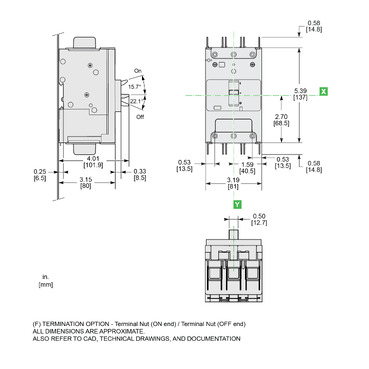 Illustration: PowerPact B-frame 3P Terminal Nut On End/Off End Dimensions
