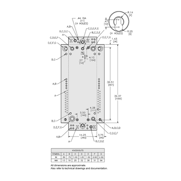 Illustration: Dimensions and Knockouts Drawing for QO330MQ125, QO330MQ150, QO330MQ200, QO342MQ150, QO342MQ200, and QO342MQ225