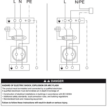 Socket outlet with RCD, wiring diagram (en)