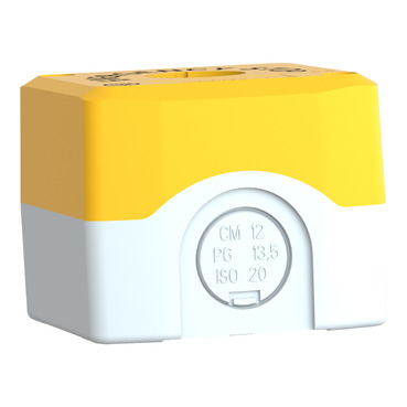 Harmony XALD, XALK, Empty control station, plastic, yellow, 1 cut-out, marked EMERGENCY STOP and logo ISO13850-2