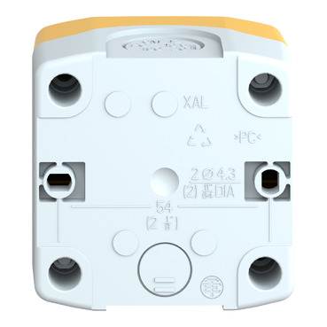 Harmony XALD, XALK, Empty control station, plastic, yellow, 1 cut-out, marked EMERGENCY STOP and logo ISO13850-4