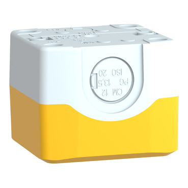 Harmony XALD, XALK, Empty control station, plastic, yellow, 1 cut-out, marked EMERGENCY STOP and logo ISO13850-3