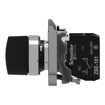 Selector switch, metal, black, Ø22, 3 positions, spring spring return, 1 NO-4