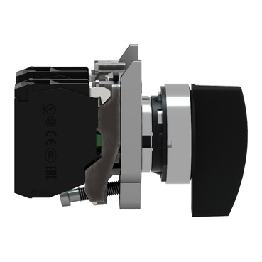 Selector switch, metal, black, Ø22, long handle, 3 positions, spring return to center, 2 NO-4