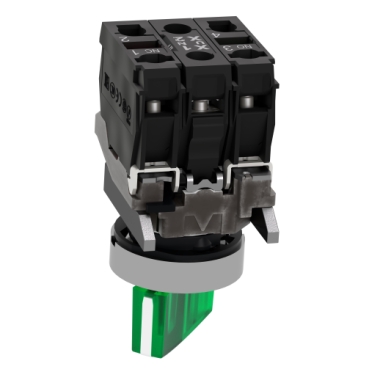 Illuminated selector switch, Harmony XB4, metal, green handle, 22mm, universal LED, 2 positions, 1NO + 1NC, 24V AC DC-3
