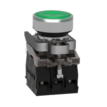 Illuminated push button, Harmony XB4, metal, green flush, 22mm, universal LED, plain lens, 1NO + 1NC, 24V AC DC-3