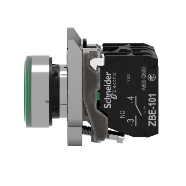 Illuminated push button, Harmony XB4, metal, green flush, 22mm, universal LED, plain lens, 1NO + 1NC, 24V AC DC-4