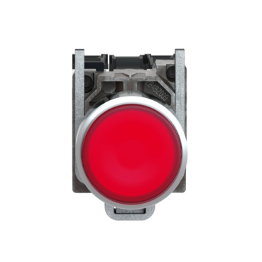 Illuminated push button, Harmony XB4, metal, red flush, 22mm, universal LED, plain lens, 1NO + 1NC, 24V AC DC-3