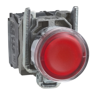 Illuminated push button, Harmony XB4, metal, flush, red, 22mm, spring return, lt 250V, 1NO+1NC