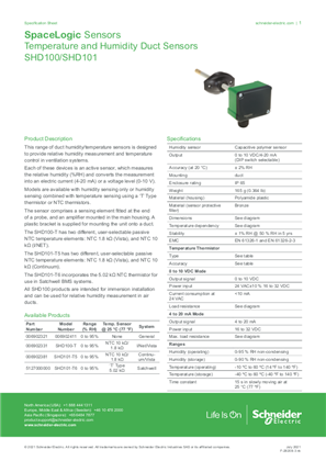 SHD100/SHD101 Duct Humidity Sensor with Temperature Specification Sheet