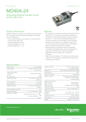 MD40A-24 Modulating Damper Actuator Action 40 Nm Specification Sheet