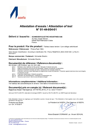ASEFA Certificate Prisma Pack 160 IEC 61439-1 & 2
