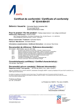 ASEFA Certificate Prisma G IEC 61439-1 & 2