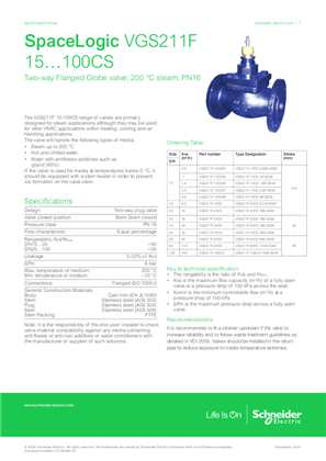 SpaceLogic VGS211F 15…100CS Two-way Flanged Globe valve Installation Instructions