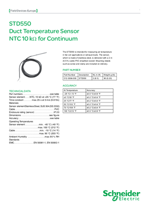 STD550 Duct Temperature Sensor for Continuum - Specification Sheet