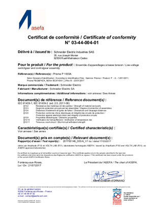 ASEFA Certificate Prisma P IEC 61439-1 & 2