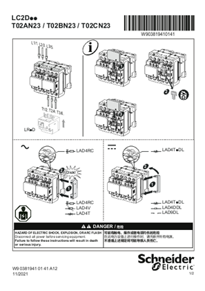 LC2 D..  9 to 38 A reversing contactors with screw clamp terminals - Instruction sheet