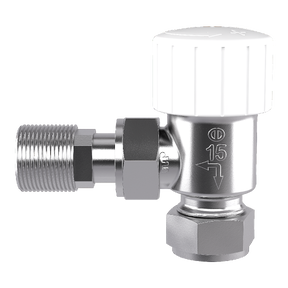 TRV Radiator valve body compatible with Wiser by Drayton, 15 mm, angle, chrome finish.