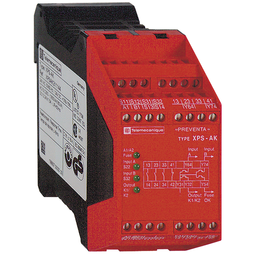 Schneider Electric,SAFETY RELAY 300V 5AMP PREVENTA +OPTIONS,24 V DC,3 LED Indicators -14 to 130 Degrees F,3 N.O. (Instantaneous) 1 N.C. - 4 Solid State,35 mm symmetrical DIN rail,EN 954-1 Category 4,Preventa,Preventa Safety automation,for emergency stop, switch, sensing mat/edges or safety light cur