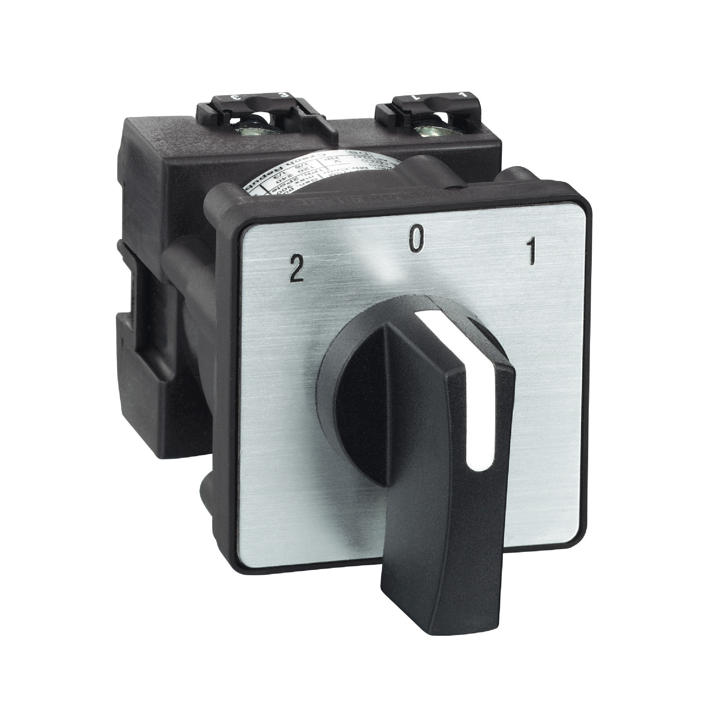 Cam changeover switch, Harmony K, multifixing, plastic, 1 pole, position 0, 45°, 12A, 45x45mm, metallic legend, marked 2 0 1, 35mm black handle