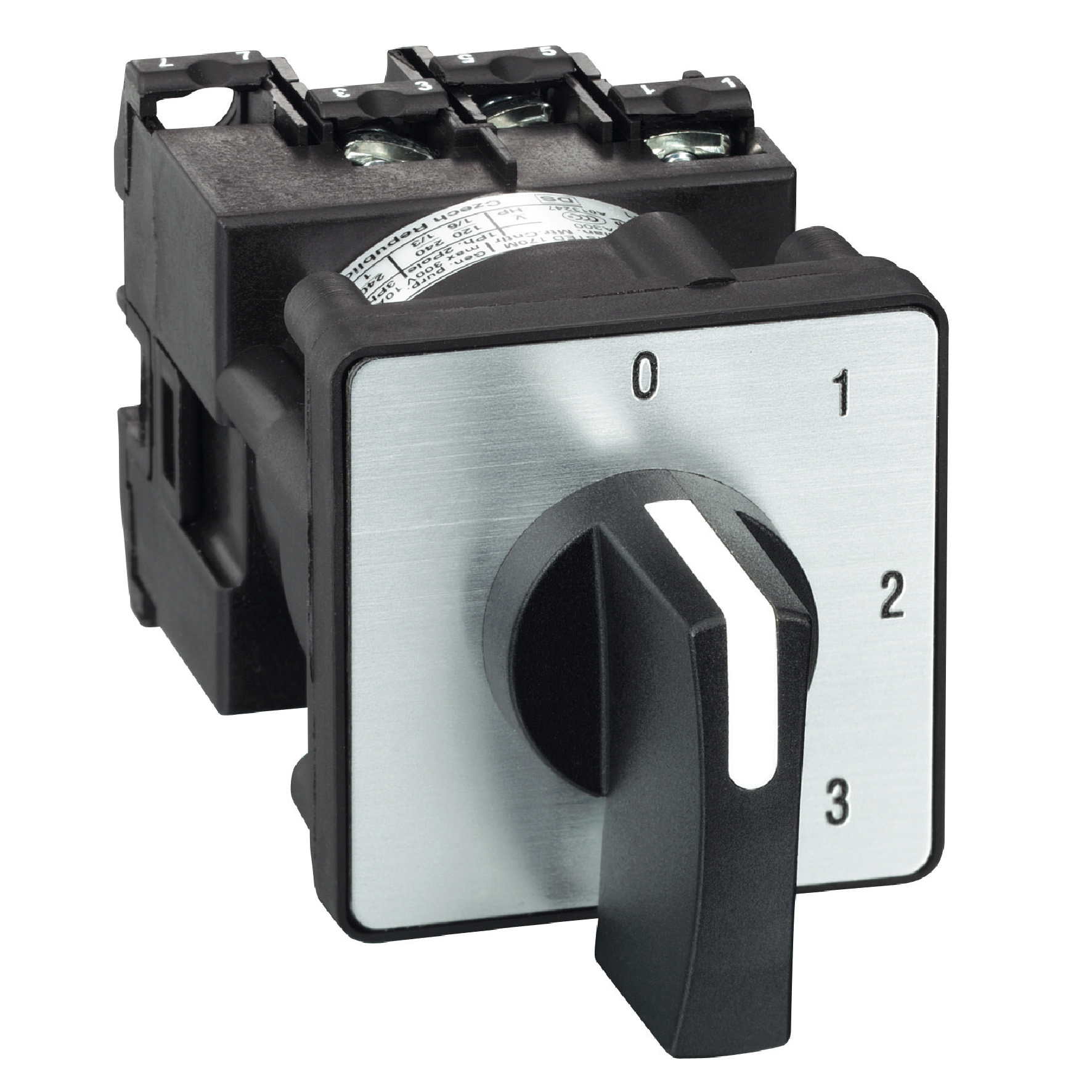 Cam switch, Harmony K, multifixing, plastic, 1 pole, 3 steps, position 0, 45°, 12A, 45x45mm, metallic legend, marked 0 1 2 3, 35mm black handle