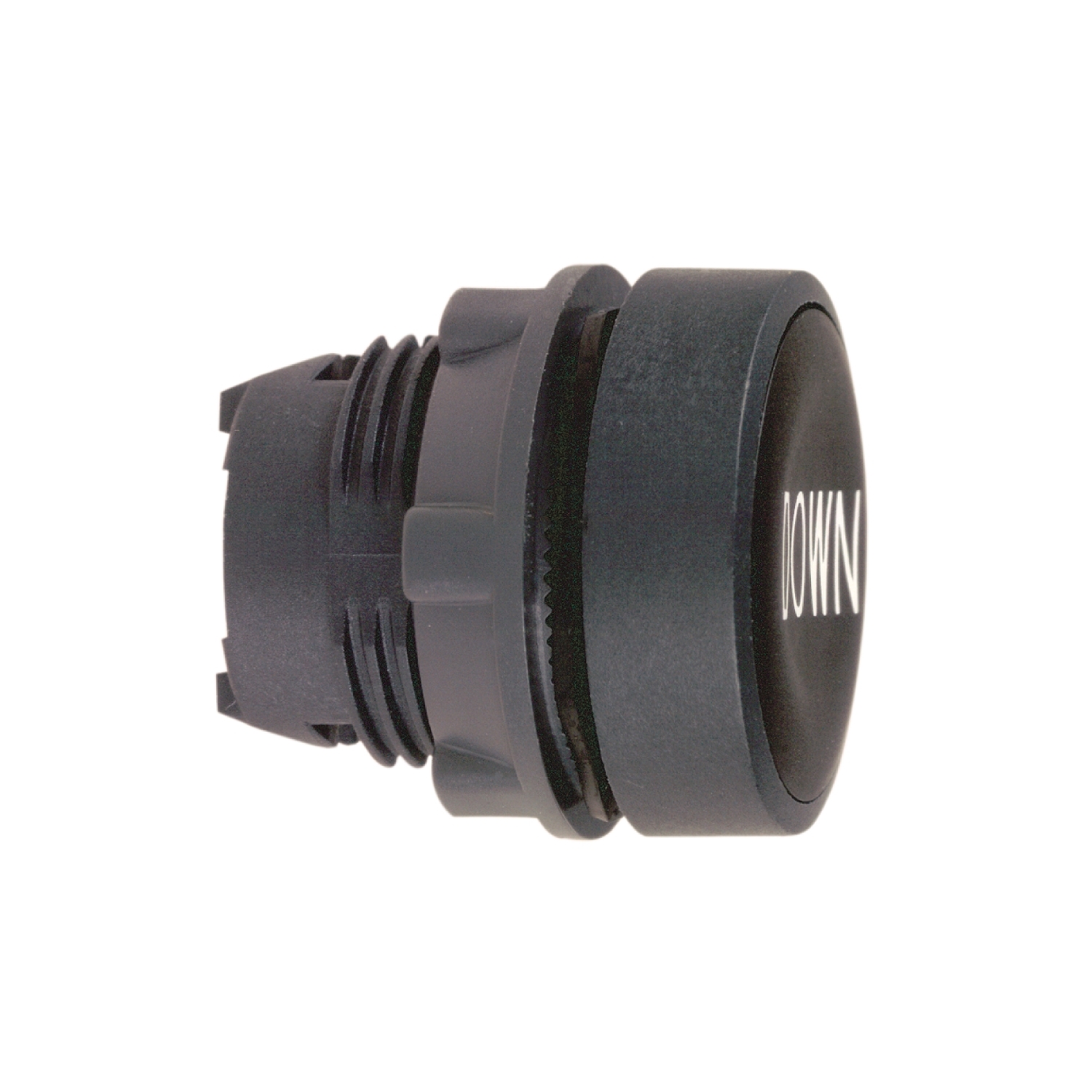 Head for non illuminated push button, Harmony XB5, black flush, 22mm, spring return, white marked DOWN