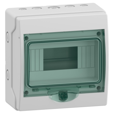  13443 13443 Mini Kaedra - za modularni uređaj - 1 otvor - 8 modula - 4 priključna bloka Tip proizvoda ili komponente	
Orman
Tip ormana	
Mini orman za modularne uređaje
Dodaci koji se isporučuju uz orman	
1 set oznaka
4 priključna bloka 4 otvora
Opis montažne ploče	
Bez montažne ploče
Dopunske informacije
Montaža ormana	
Površinska
Broj 18 mm modula po redu	
8
Ukupan broj 18 mm modula	
8
Broj horizontalnih redova	
1
Električna klasa izolacije	
Klasa II
Dupla izolacija
Obezbeđena oprema	
1 marking kit
4 sabirnica 4 izvoda
Tip prednjeg poklopca	
Providni
Snaga disipacije u w	
15 W
[in] nazivna struja	
63 A
Tip šine	
DIN
Broj otvora pg iso	
5
Broj priključnih blokova	
4 sa 4 izvodi
Izvodi razvodnog bloka	
8 x 10 mm²
8 x 16 mm²
Opis opcija zaključavanja	
Opciona bravica
Materijal kućišta	
Self-extinguishing polymer
Širina	
195 mm
Visina	
200 mm
Dubina	
112 mm
Unutrašnja dubina	
56 mm
Boja	
Door: transparent green
Enclosure: light grey (RAL 7035)