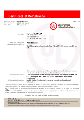 UL cUL Certificate NQ and NQOB panelboard