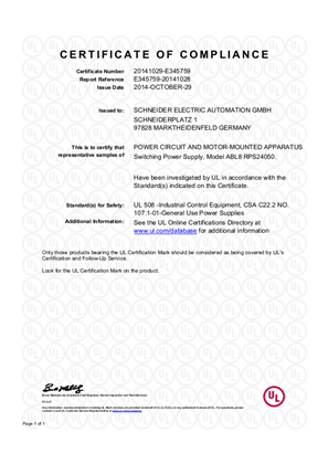 Phaseo, ABL8RPS24050, Certificate, cULus, Ordinary Location