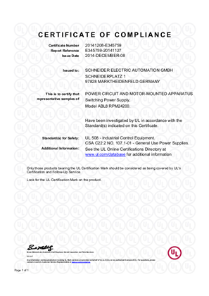 Phaseo, ABL8RPM24200, Certificate, cULus, Ordinary Location