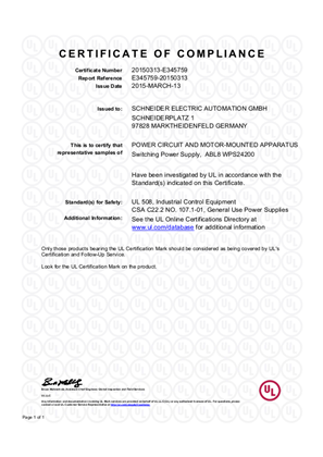 Phaseo, ABL8WPS24200, Certificate, cULus, Ordinary Location