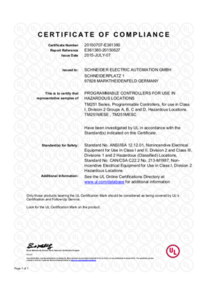 Modicon, TM251, Certificate, cULus, Hazardous Location