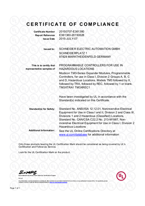 UL Certificate Haz. Loc. TM3XREC1 TM3XTRA1