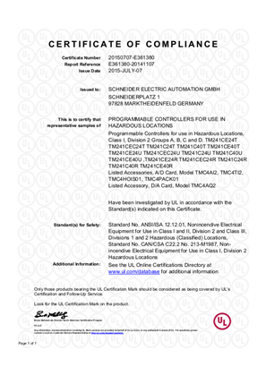 Modicon,TM241, TMC4, Certificate, cULus, Hazardous Location
