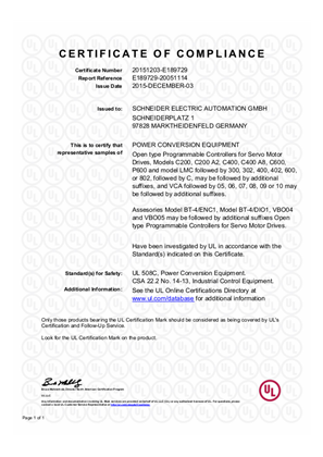 UL Certificate PacDrive LMC Pro / LMC Pro2