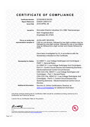 UL_Certificate_TeSys D_CAD32&CAD50 AC coils