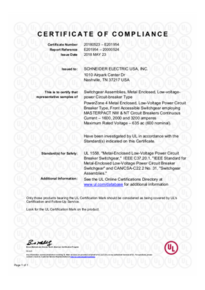 UL/cUL Certificate PZ4 Front Accessible
