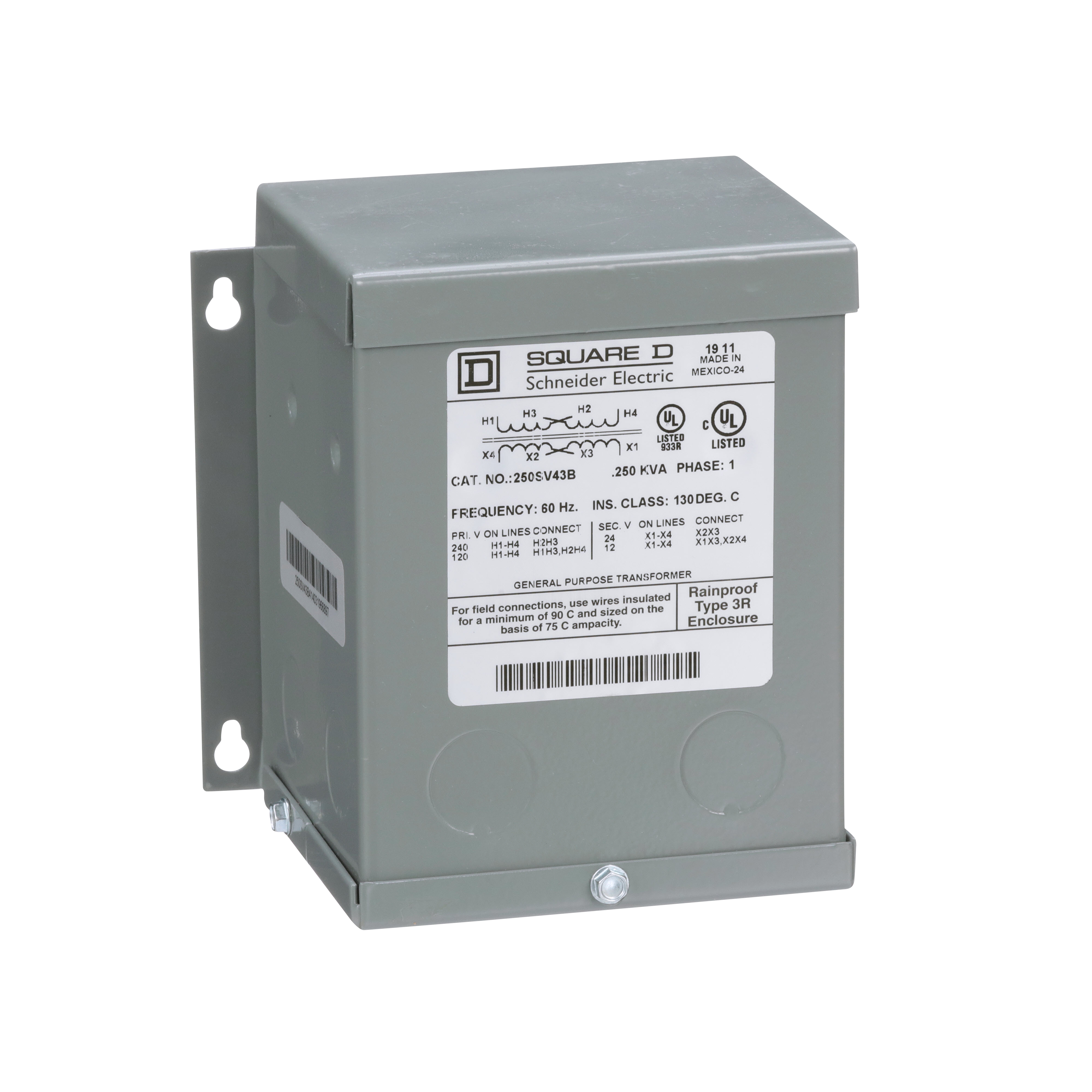Transformer, buck boost, encapsulated, 0.25kVA, 1 phase, 120x240V primary, 12/24V secondary, NEMA 3R, 80C rise