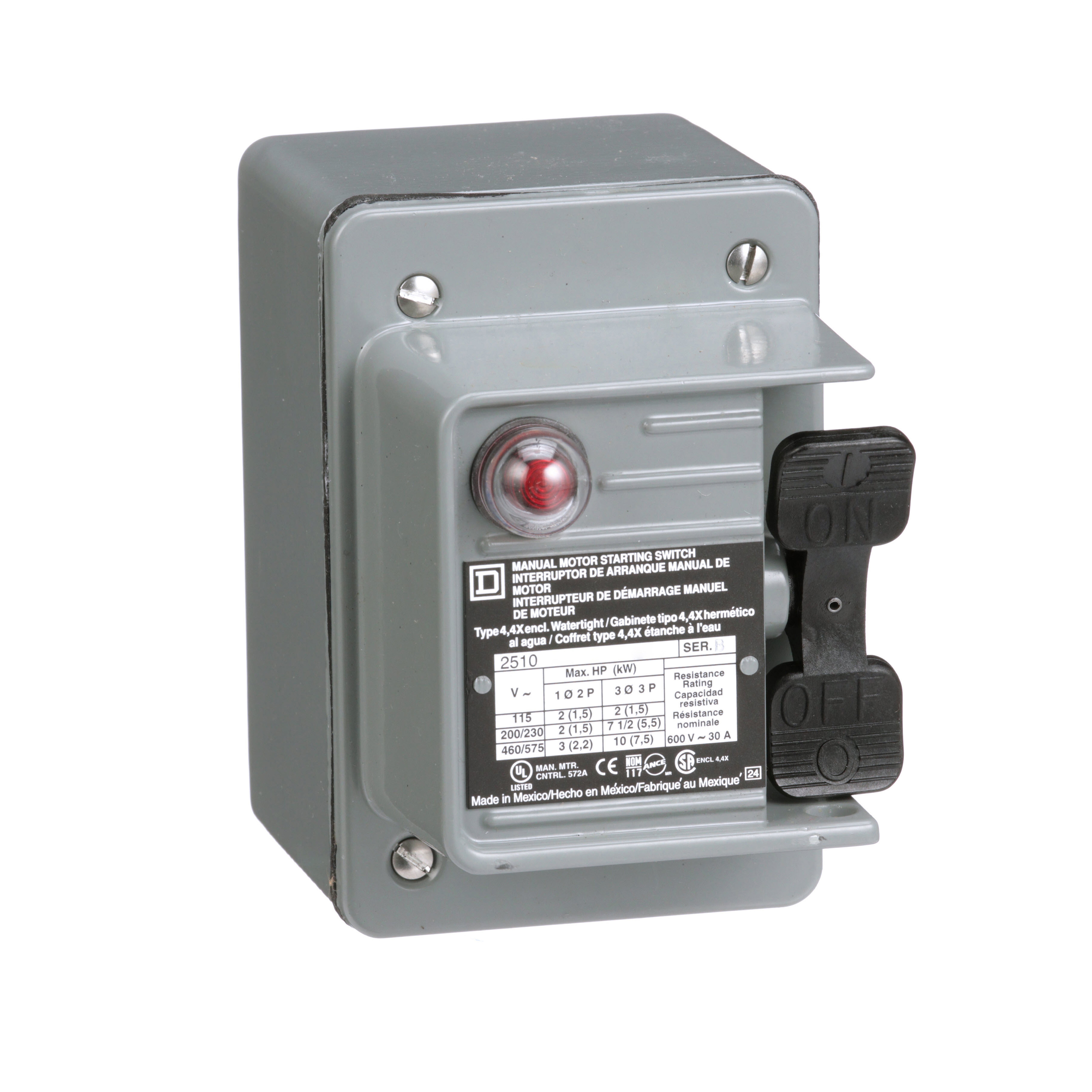 Switch, manual, 30A, 2 pole, 3 HP at 575 VAC, single phase, toggle operated, red 115 VAC indicator, NEMA 4, one conduit