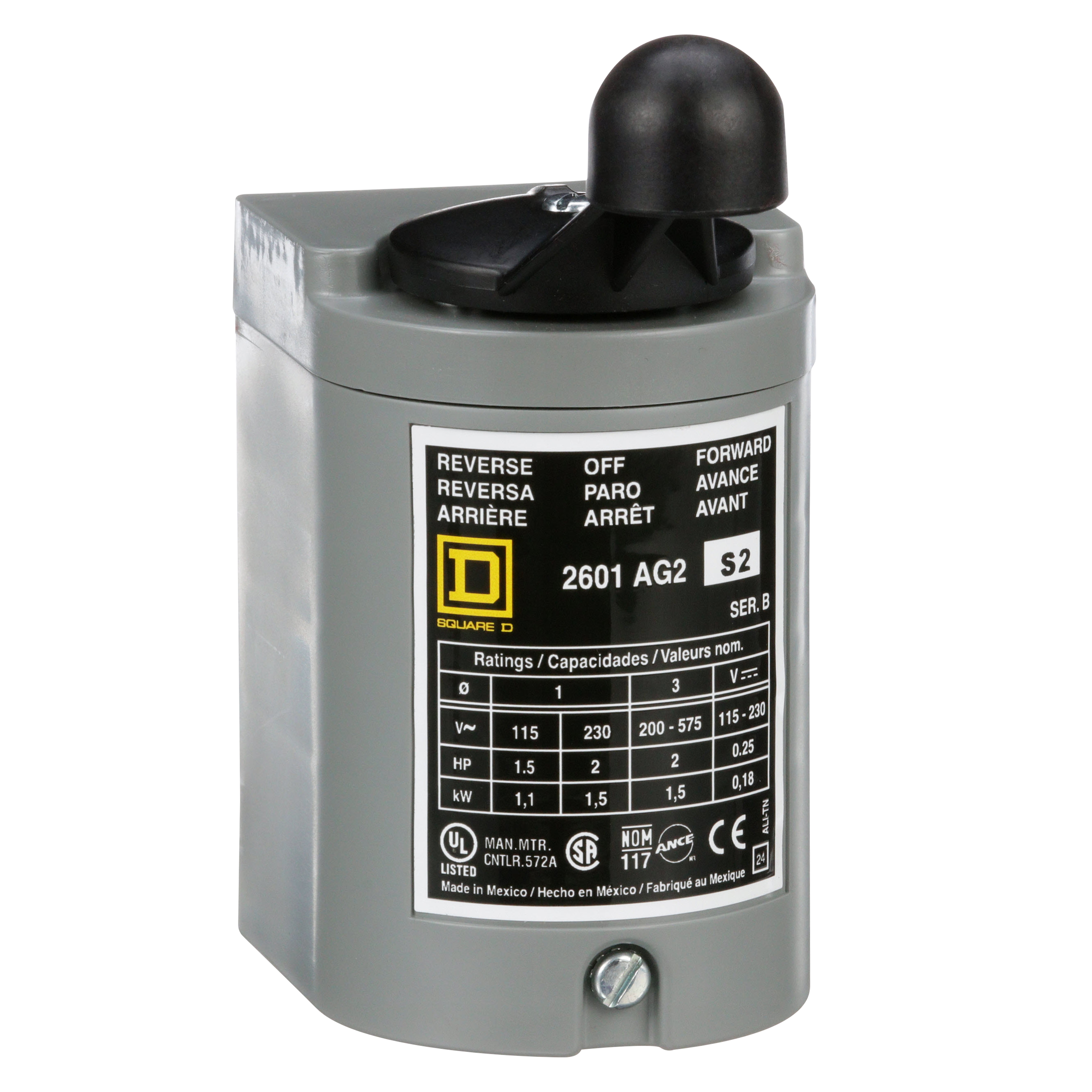 Switch, reversing drum, 2 HP at 230 VAC single phase, 2 HP at 575 VAC polyphase, handle operated, NEMA 1 enclosure