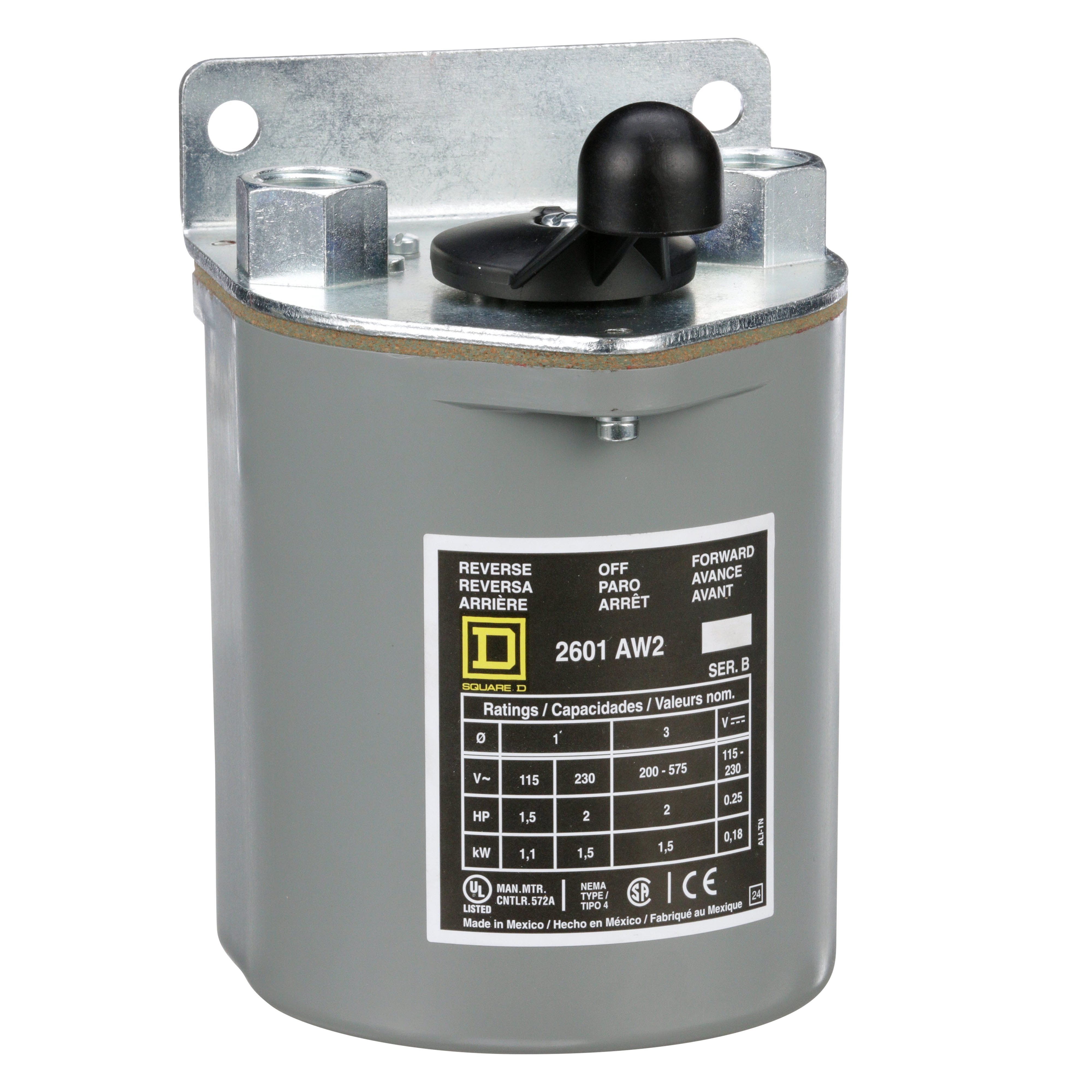 Switch, reversing drum, 2 HP at 230 VAC single phase, 2 HP at 575 VAC polyphase, handle operated, NEMA 4 enclosure
