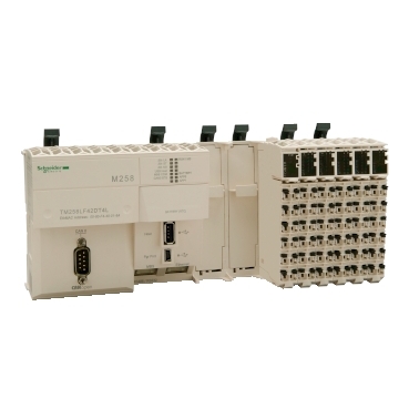 The Modicon M258 high-performance PLC is made to control large and complex machines. Programs with SoMachine software. Uses TM5 expansion I/O.