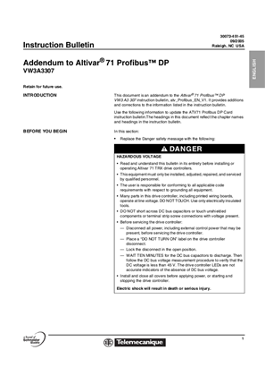 Addendum to Altivar 71 Profibus DP VW3A3307 