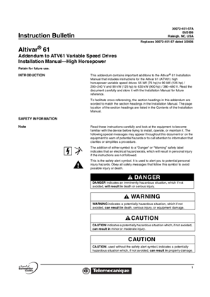 Addendum to ATV61 Variable Speed Drives Installation Manual High Horsepower