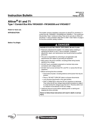 Altivar 61 and 71 Type 1 Conduit Box Kits VW3A9201 VW3A9208 and VW3A9217 Installation Instructions