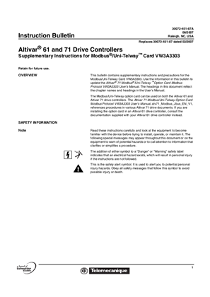 Altivar 61 and 71 Drive Controllers: Supplementary Instructions for Modbus/Uni-Telway Card VW3A3303 Instructions