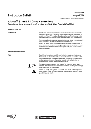 Altivar 61 and 71 Drive Controllers Supplementary Instructions for Interbus-S Option Card VW3A3304