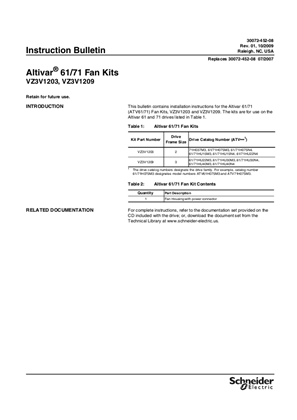 Altivar 61 and 71 Fan Kits VZ3V1203, VZ3V1209 Installation Instructions