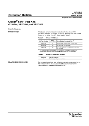 Altivar 61 and 71 Fan Kits VZ3V1204, VZ3V1210, and VZ3V1205 Installation Instructions